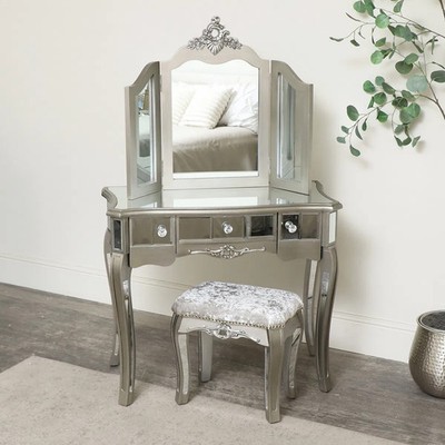 Silber verspiegelt Schminktisch Hocker Spiegel verziert Schlafzimmermöbel Set