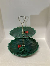 Vtg Lefton Green Hollyberries 2 Tier Dessert Tray AND Candy Dish!