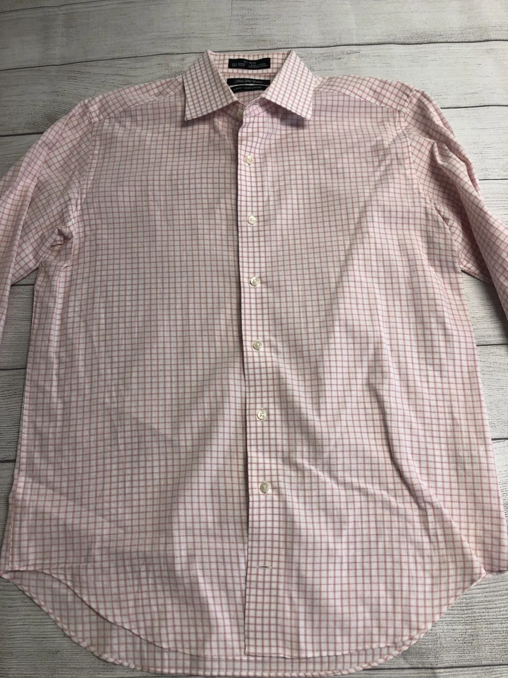 Saks Fifth Avenue Shirt Mens 16 34/35 Pink Check Slim Fit Cotton Dress - Image 2 of 4