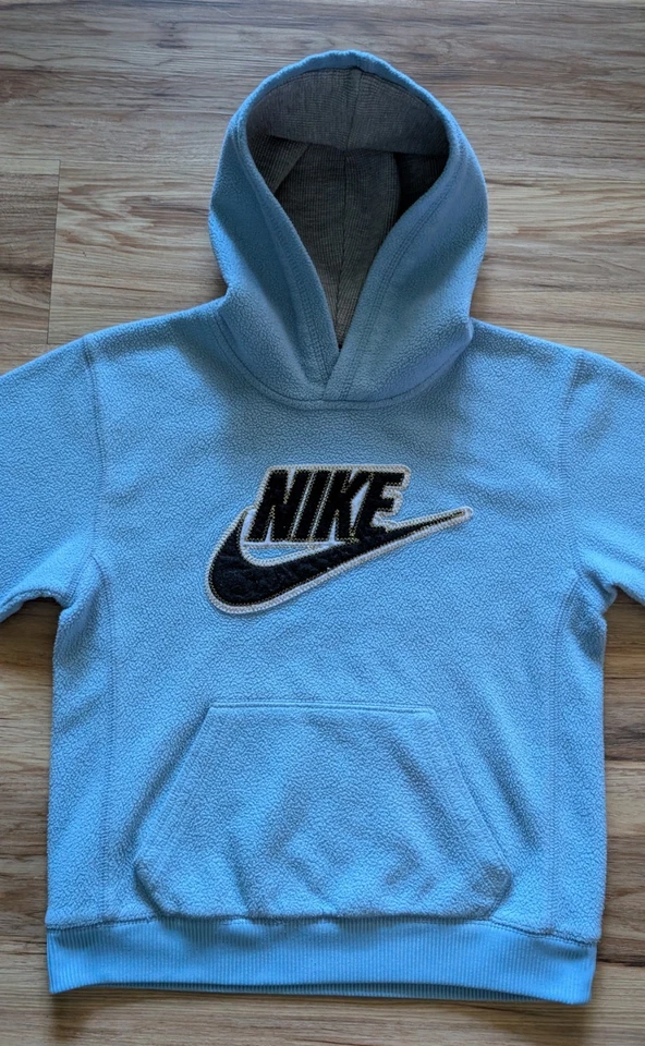 Sudadera con capucha vintage Nike Swoosh Spellout para niños talla 7 azul polar etiqueta plateada Y2K años 2000 Foto 3 de 4