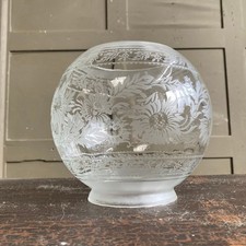 Antique Glass Oil Lamp Globe Etched Signed Floral Flowers