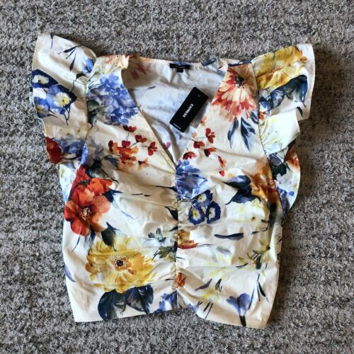 Express Floral V-Neck Flutter Sleeve Ruched Top Women's Size XS