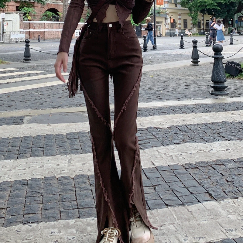 Lady Flared Jeans Denim Pants Trouser Bell Bottom Front Slit Raw Edge Streetwear