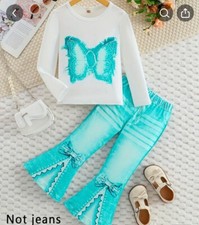 Girls 2Pc Set Long Sleeve Butterfly Flared Faux Denim Pants Bow Detail 5-6yrs