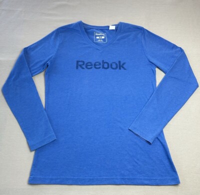 Reebok T-Shirt Womens Size M Long Sleeve V-Neck Spell Out Royal Blue Cotton/Poly