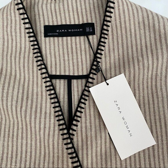 Zara Woman Stripe Wrap Dress Coat Sz Med Belted Linen Fringe Hem Roll Up Sleeves thumbnail 8