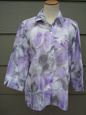 Alfred Dunner Woman Shirt Petite Sz 10P 40B Purple Floral Semi Sheer Blouse Top