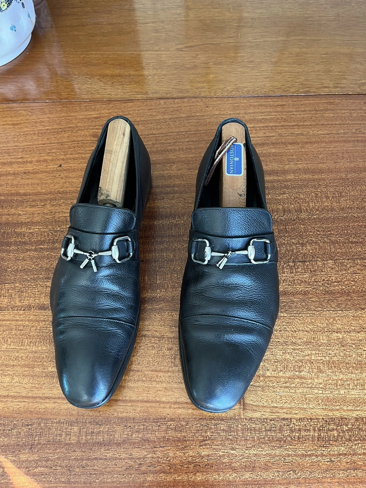 Mocassins homme GUCCI 225117 cuir grainé noir argent Horsebit taille 9,5 authentiques