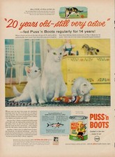 1957 Puss 'n Boots Cat Food Pet Canned Vintage Print Ad Fish Cooked Can Kittens