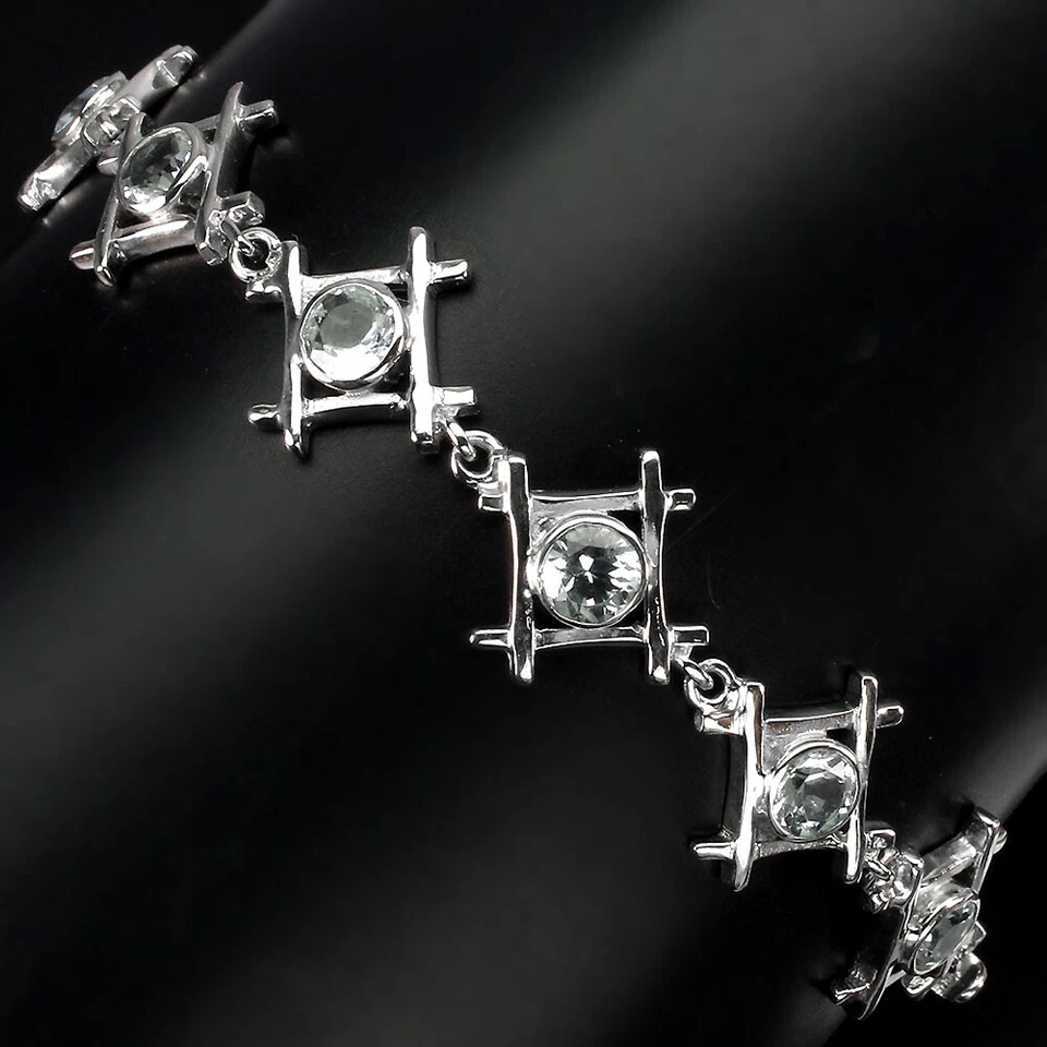 Pulsera de plata de ley 925 redonda aguamarina piedras preciosas joyería 7,5 pulgadas Foto 2 de 4