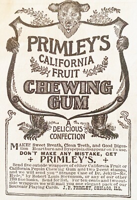 Bear Holding Sign PRIMLEY'S California Fruit Chewing Gum Antique 1894 Print Ad