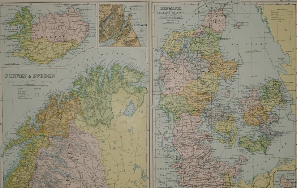 1905 ANTIQUE MAP NORWAY SWEDEN ICELAND COPENHAGEN PLAN DENMARK 1905-antique-map-norway-sweden-iceland-copenhagen-plan-denmark