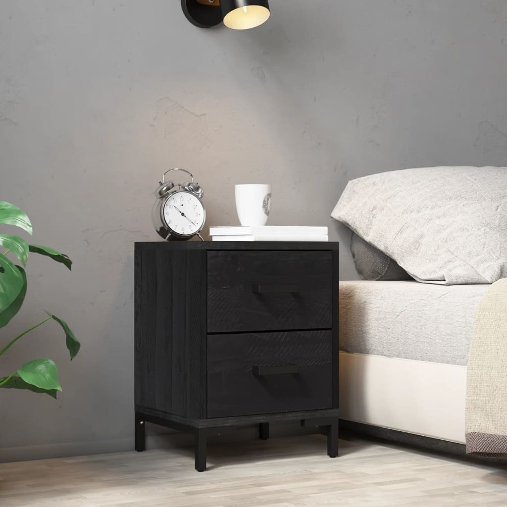 Bedside Cabinet Black Solid pinewood, engineered wood, metal Medium