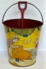 Antique Vtg. Ohio Art Tin Litho Large Sand Pail w/ Shovel ~ Amazing Beach Scene!