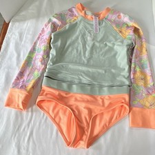 Justice Girls 2-Piece Swim Set Floral Long Sleeve Peach Mint L/G 12/14