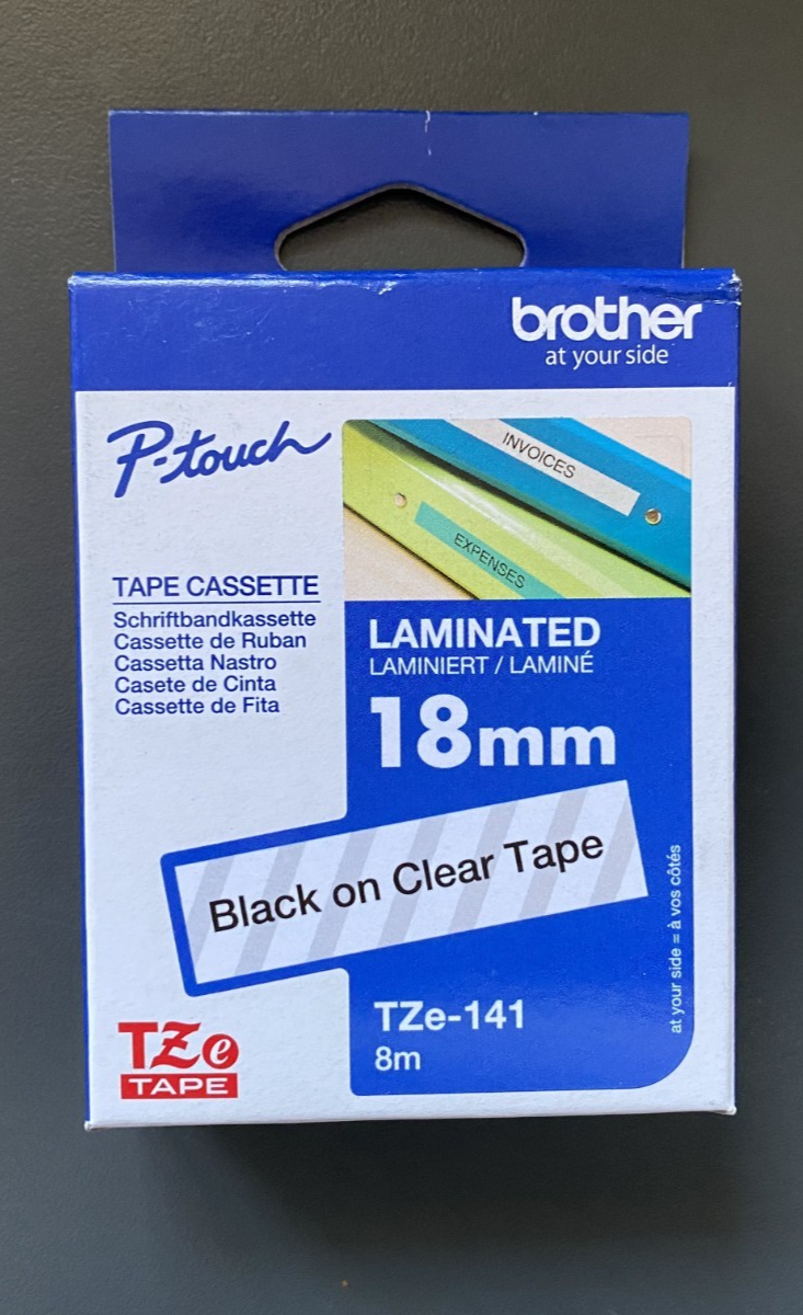 Genuine Brother Label Tape - BLACK ON CLEAR LAM TZe-141 / 18mm x 8m (INC VAT)