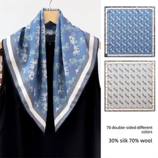 Reversible Two-Tone Silk Wool Scarf 70cm Square Shawl Luxury Blend Womens