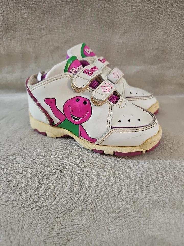 Tênis vintage década de 1990 Barney feminino rosa gancho e laço estatísticas criança tamanho 7 - Imagem 4 de 4