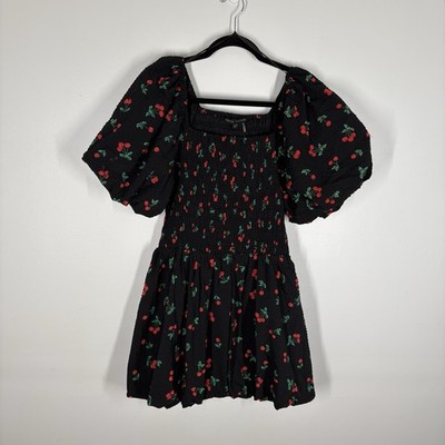 English Factory Women S Black Red Cherry Print Puff Sleeves Smocked Mini Dress | eBay English Factory Women S Black Red Cherry Print Puff Sleeves Smocked Mini Dress | eBay