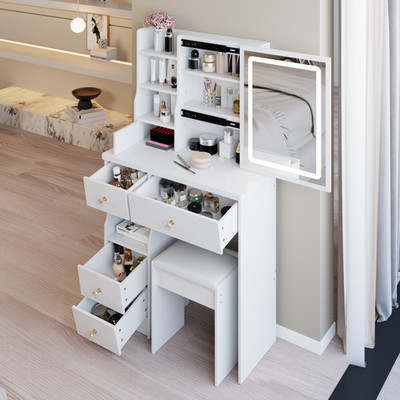 29.2'' Small White Vanity Table with Left Drawer LED Mirror Stool Touch Control