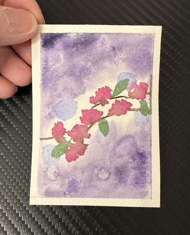 ACEO Original Watercolor 2.5" x 3.5" RED FLOWERS  With Purple  @spiritridgeart