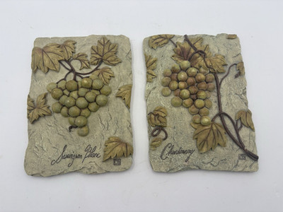 Cheri Blum 3D Wall Plaques Set 2 Wine Chardonnay Sauvignon Blanc Grapes Tuscan