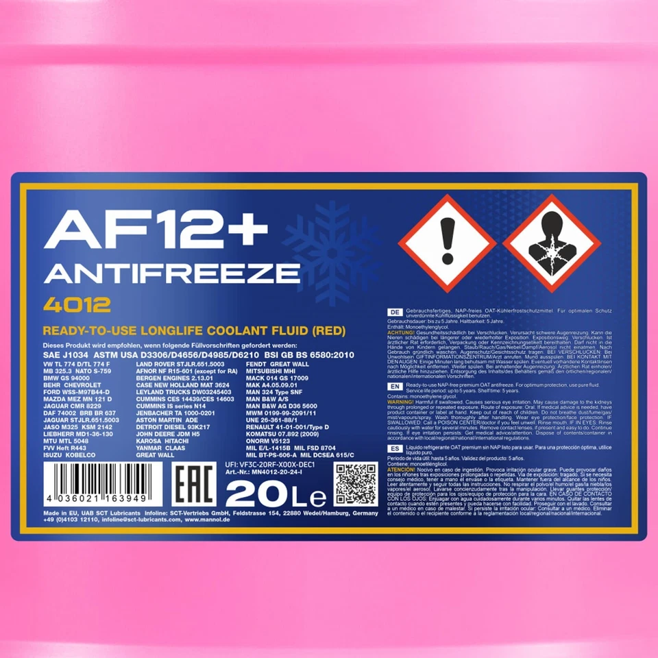 4 x 20 L MANNOL AF12+ KÜHLERFROSTSCHUTZ ROSA -40°C FERTIG-MIX für VW G12 G12+ - Bild 3 von 3