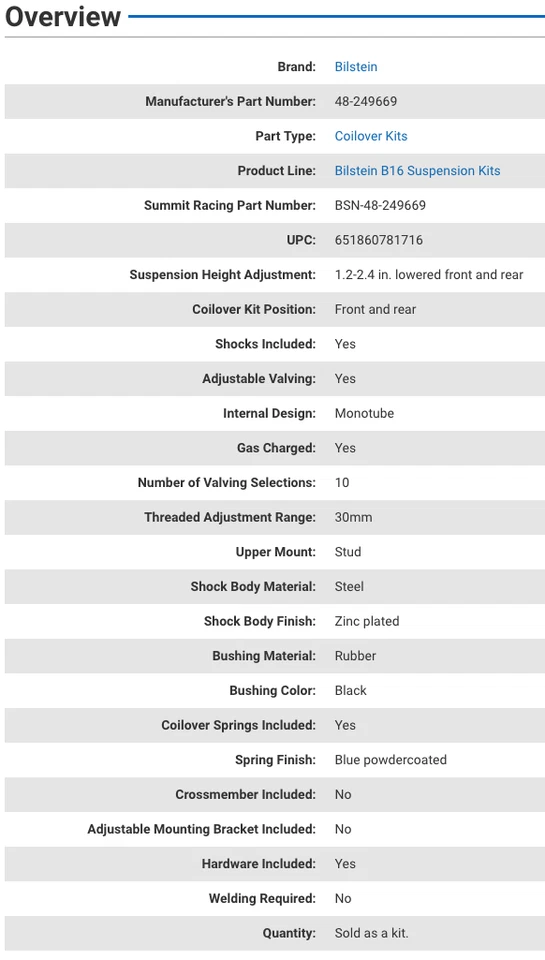 Bilstein 48-249669 Serie B16 PSS10 Kit Coilover para Mazda MX-5 Miata 2016-2019 Foto 4 de 4