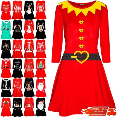 Neu Damen Frauen Weihnachten Santa Kostüm Süßigkeiten Gürtel Band Swing ausgestellt Minikleid