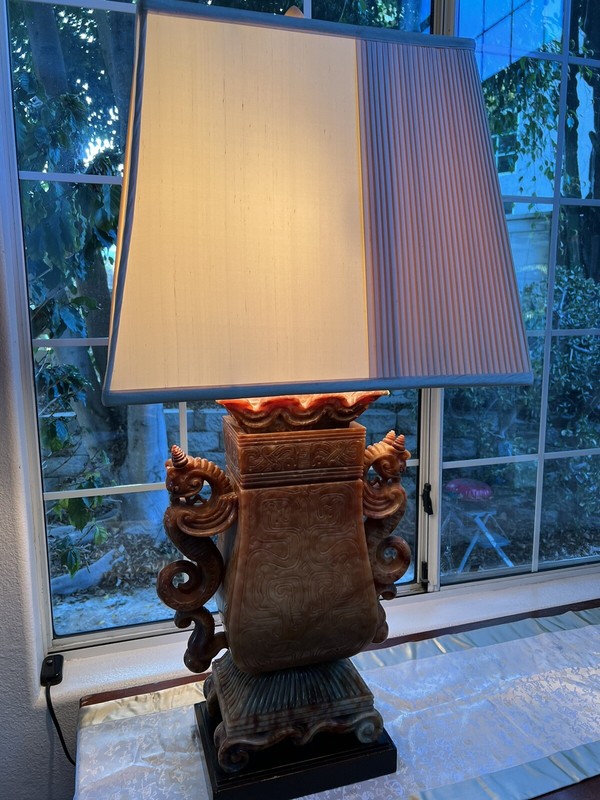 Rare Handcarved Chinese Ceremonial Urn Alabaster Lamp with Silk Shade Volterra