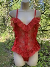 Vtg Red Teddy Lingerie Valentines Playsuit Nylon Lace Sheer Delicates NWT