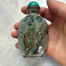 Collection China Old Beijing Glaze Inside Painting monkey Exquisite Snuff Bottle