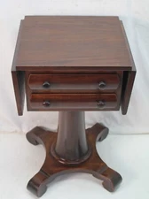 Antique 1920s American Empire Mahogany Drop Leaf side Table with two drawers