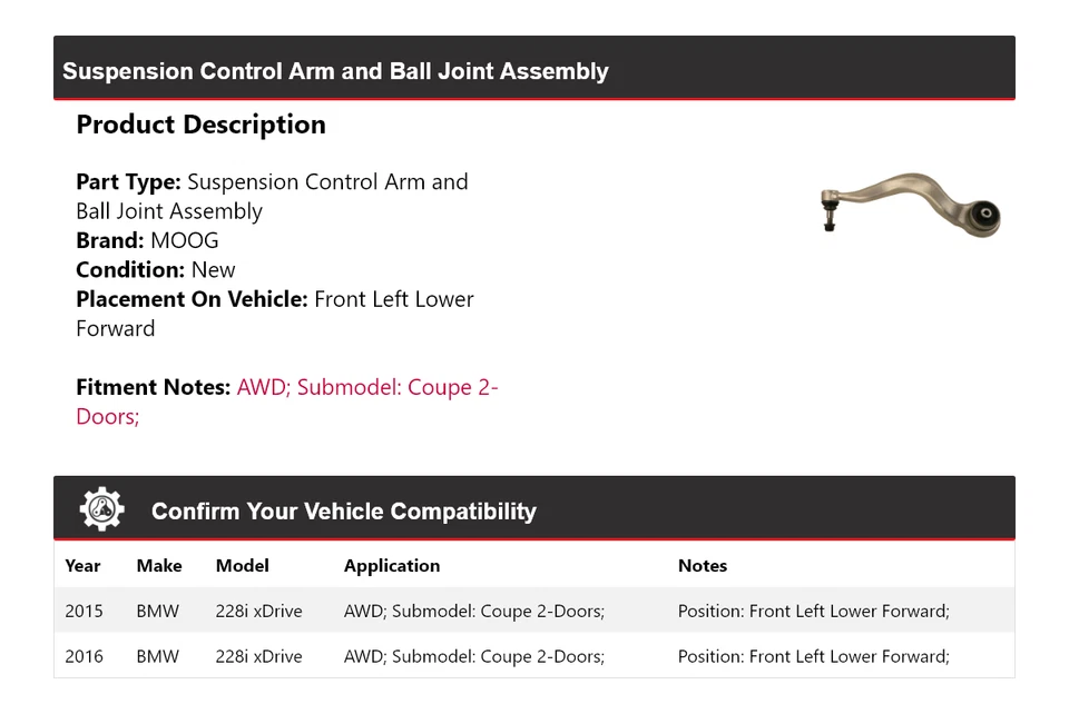 Para 2015-2016 BMW 228i xDrive braço de controle de suspensão e conjunto de junta esférica MOOG - Imagem 2 de 4