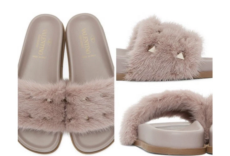 Valentino rockstud fur slides Clearance