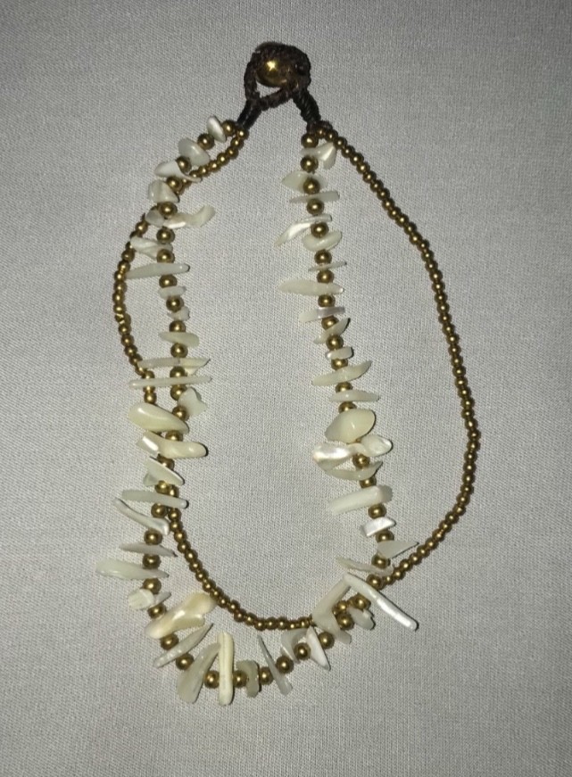 Pearl shell anklet with brass beads 10.5 inches 2-strand design-image