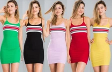 New Stretch Ribbed Striped Knit Spaghetti Strap Bodycon Cami Dress BD2463