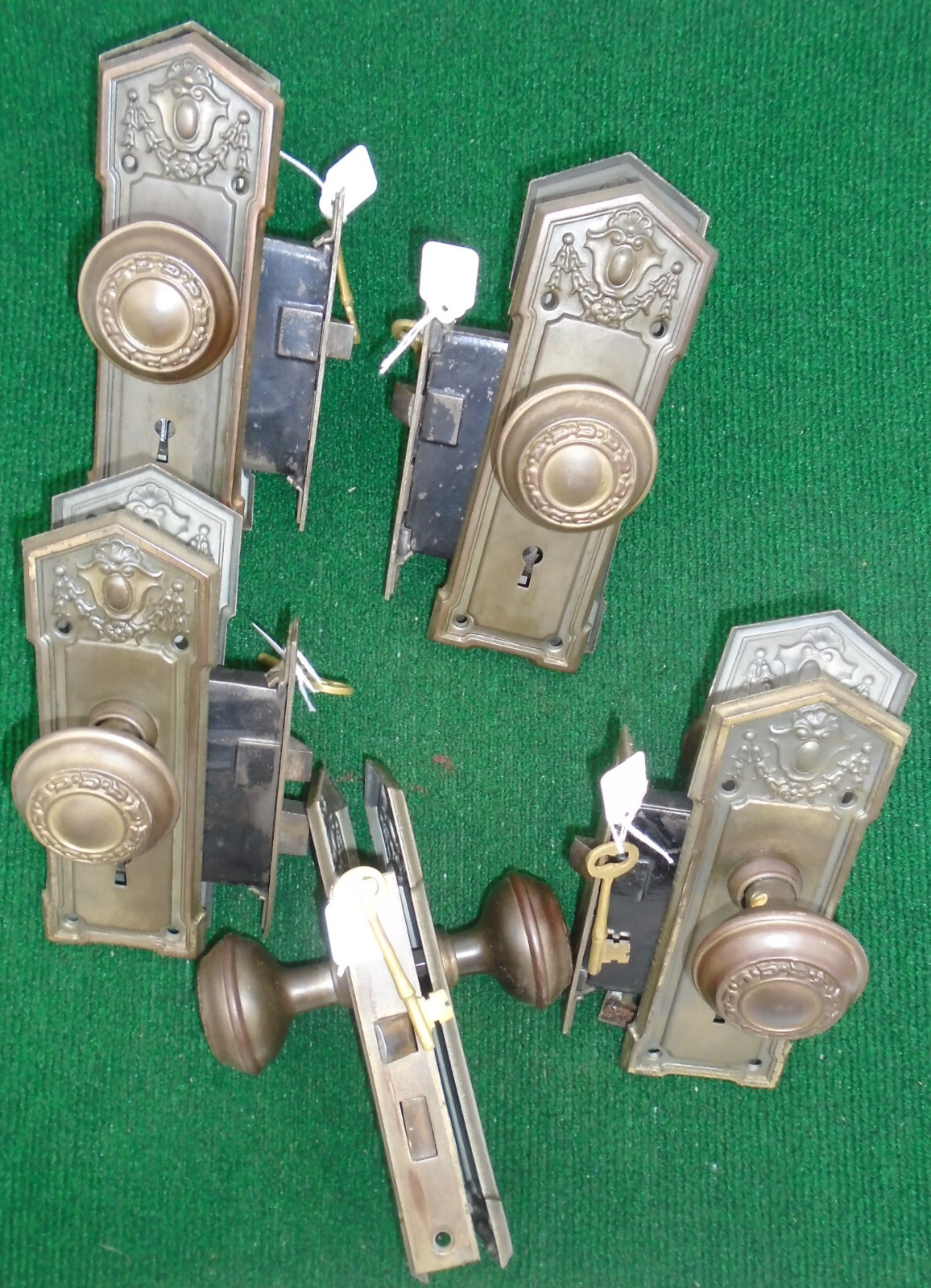 ONE CIRCA 1910 MORTISE LOCK SET COMPLETE w/KEYS & STRIKEPLATES (17204