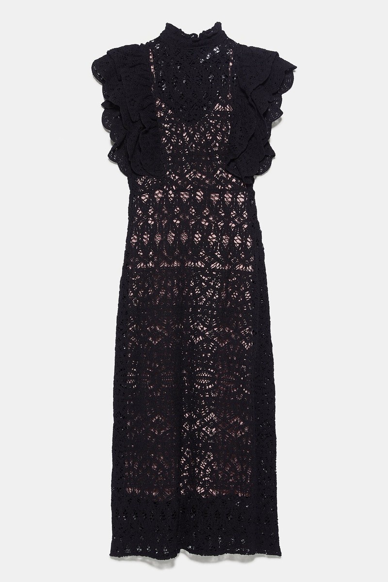 Zara Women Textured Ruffle Dress Black Blogger Fav Ref 2142