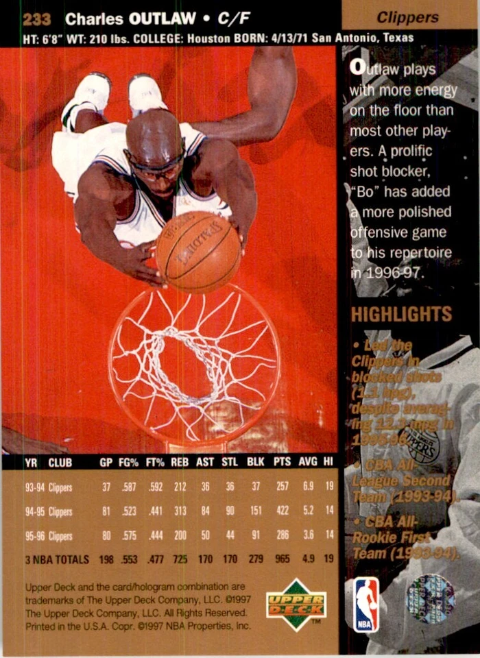 1996-97 Upper Deck Bo Outlaw Basketball Cards #233 - Image 2 of 2