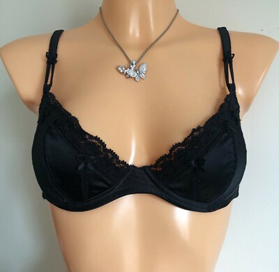 Valery Prestige Silk Bra Size 32D Black Lace Underwired Padded Plunge Balcony 
