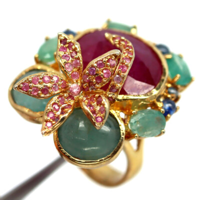 925 Silver 16 x 18 MM. Red Ruby, Aquamarine, Emerald & Sapphire Ring Christmas