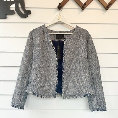 Banana Republic Fringe Trim Tweed Jacket NEW Size 8 Navy Classic Preppy $168