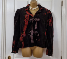Nomads Brown Velvet Jacket Sz L Puff Padded Shoulder Pattern Print Tie Front