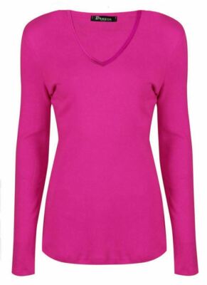 Damen Frauen V-Ausschnitt Langarm Uni Slim Fit Basic Top Stretchy T-Shirt 8-26