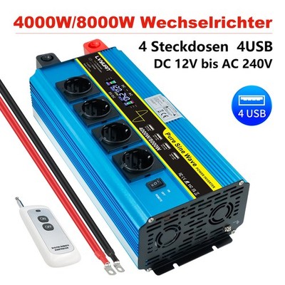 4000W 8000W Reiner Sinus Spannungswandler 12V auf 230V Wechselrichter 4USB 4AC