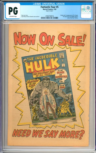 Fantastic Four #5 Full Page Ad for Incredible Hulk #1 Marvel 1962 CGC PG 12