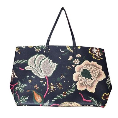 Tory Burch Perry Floral Tote Bag Navy Blue Pebbled Leather Botanical Large Logo