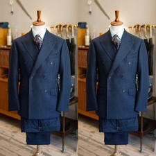 Navy Blue Men's Suits Peak Lapel Double Breasted Business Wedding Groom Tuxedos