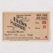 1950 Harvard vs Brown Football Ticket Stub Harvard Stadium Nov 18 Ivy League